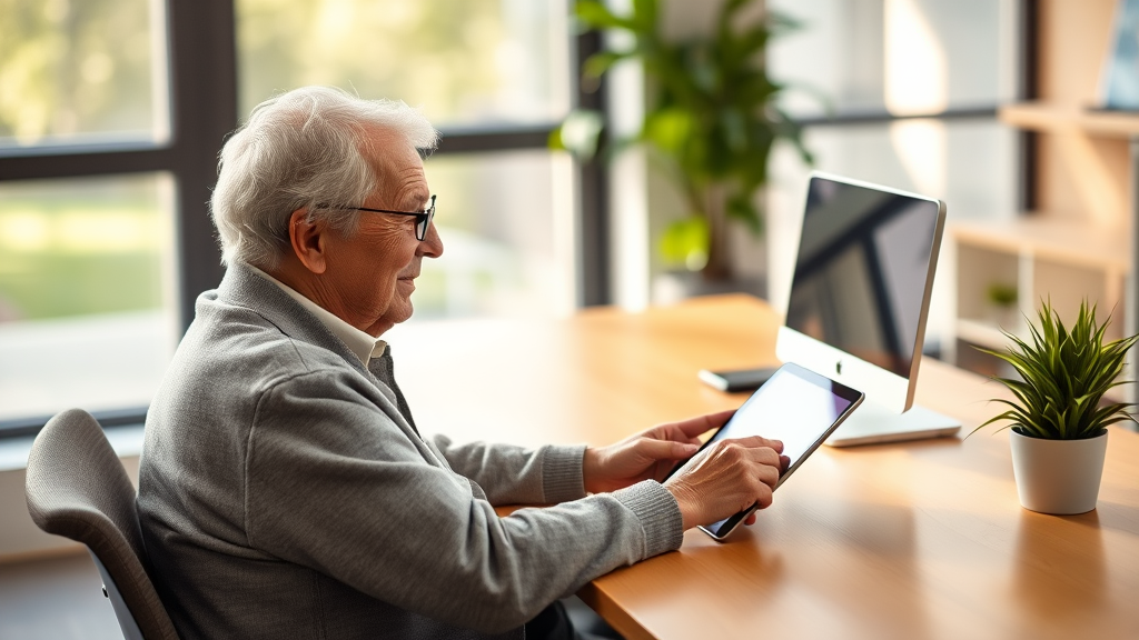 Älterer Herr nutzt ein Tablet an einem hellen Arbeitsplatz