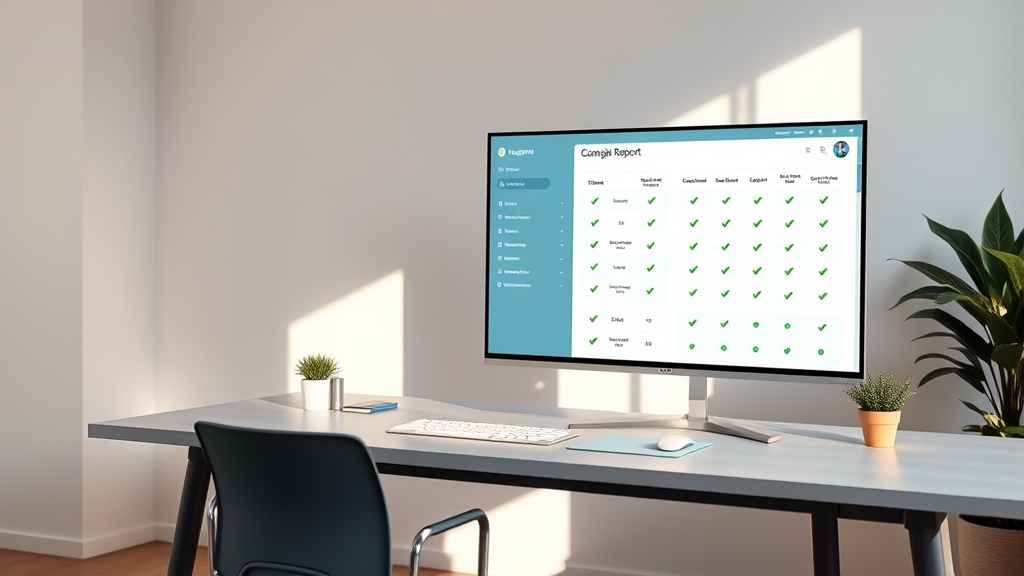 Aufgeräumter Arbeitsplatz mit Prüfbericht auf dem Bildschirm