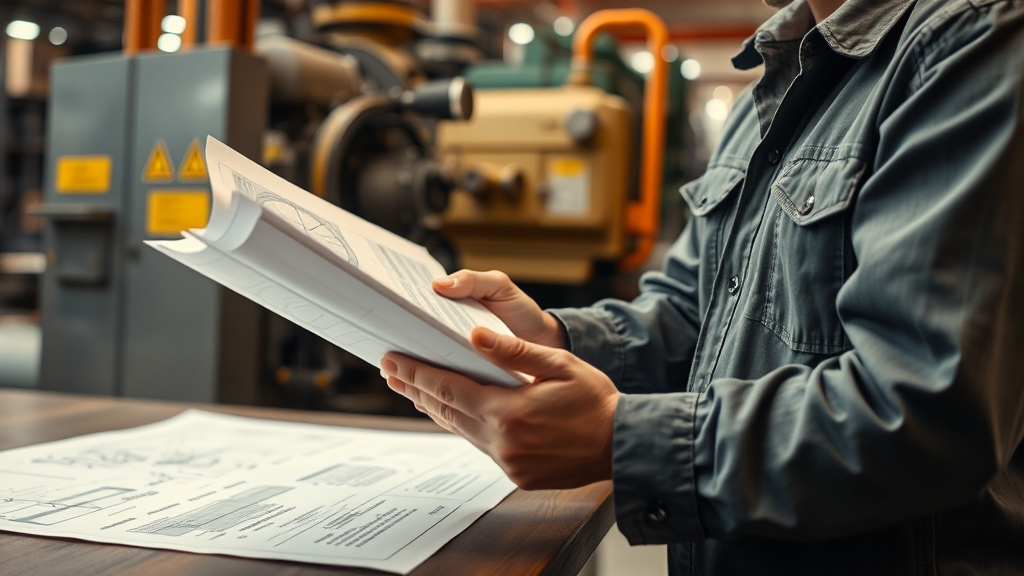 Ingenieur prüft technische Dokumentation in einer Werkstatt